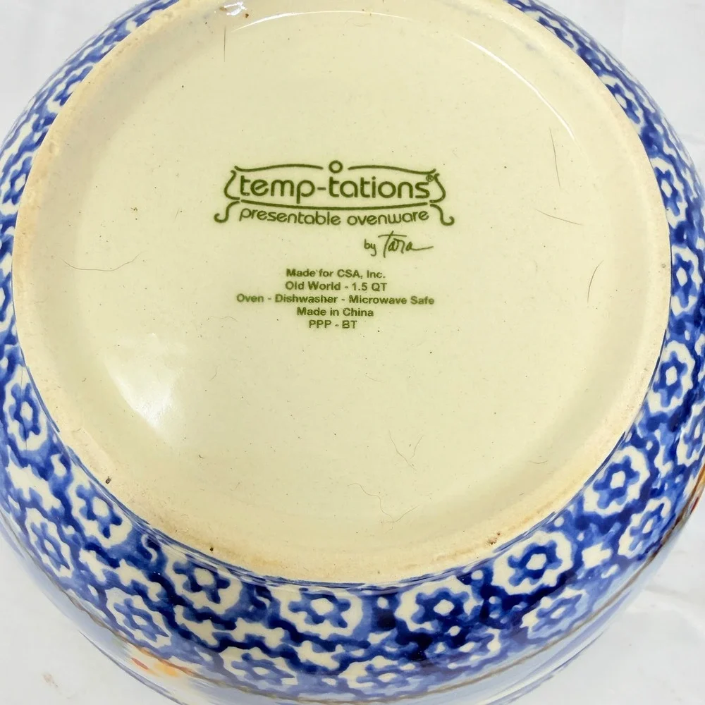 Temp-tations Old World Blue Ceramic Mixing Bowls Set of 2 1.5QT 1QT *flaws* see